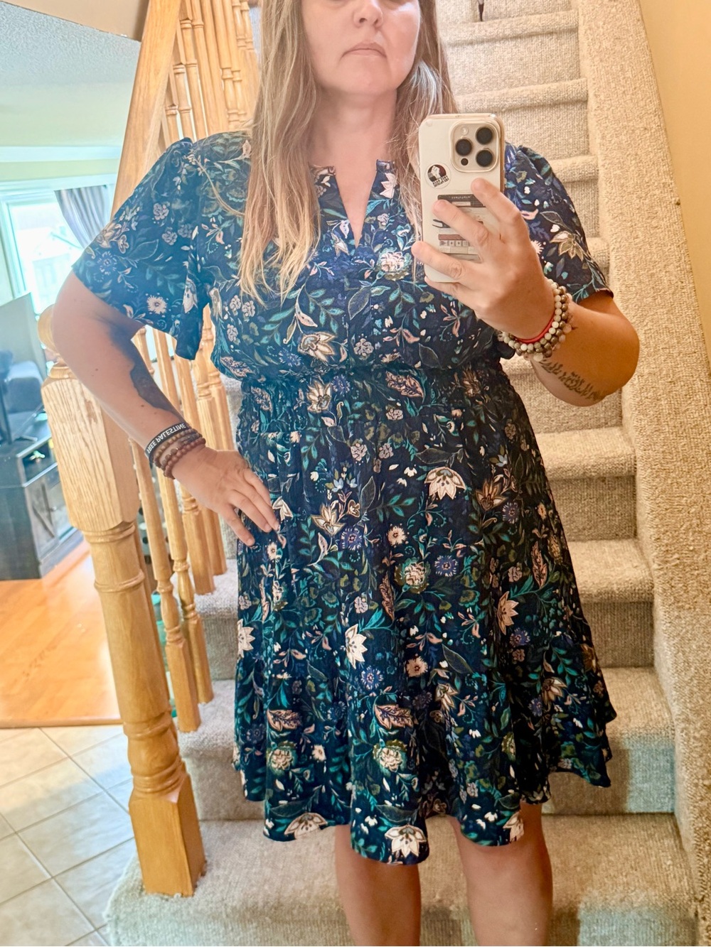 Vintage Boho Floral Navy Short-Sleeve V-Neck Women's Dress